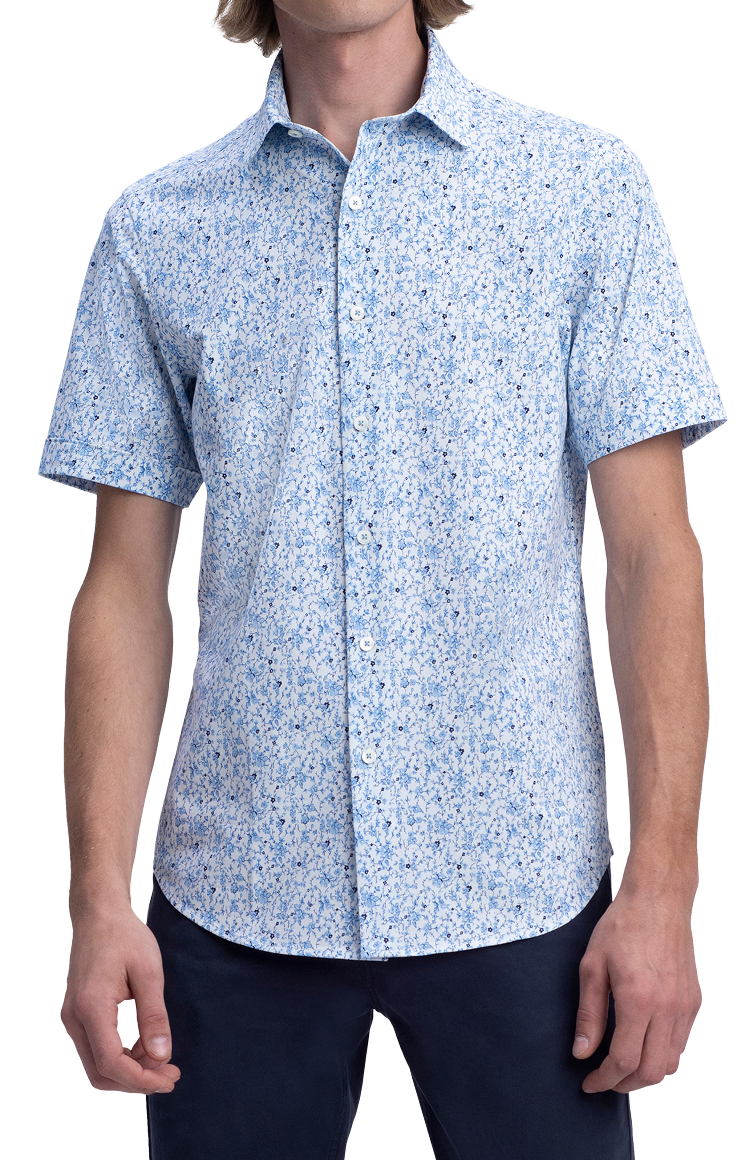 Bugatchi Mens Short Sleeve Fitted Striped Background Fedora Print Shirt 